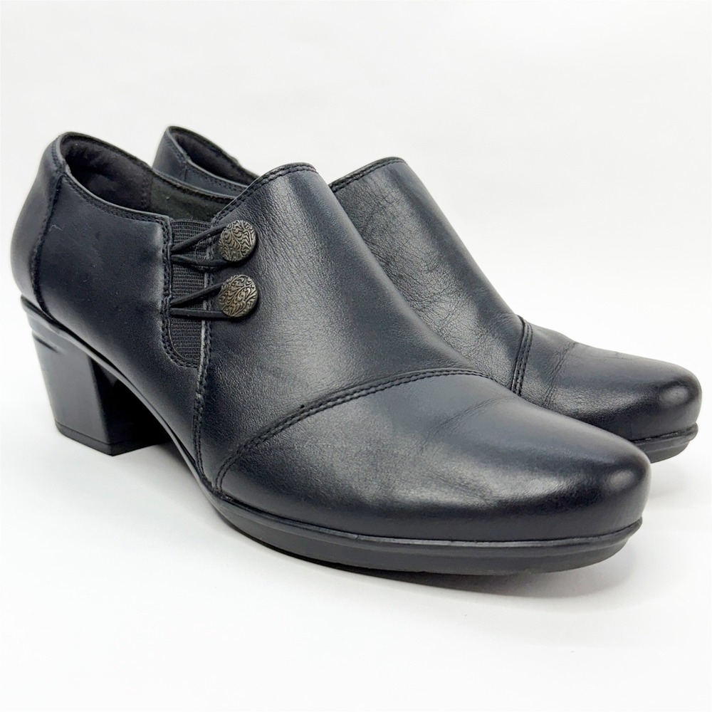 Clarks Collection Black Leather Button Shooties Block Heel Ankle Boots 9M